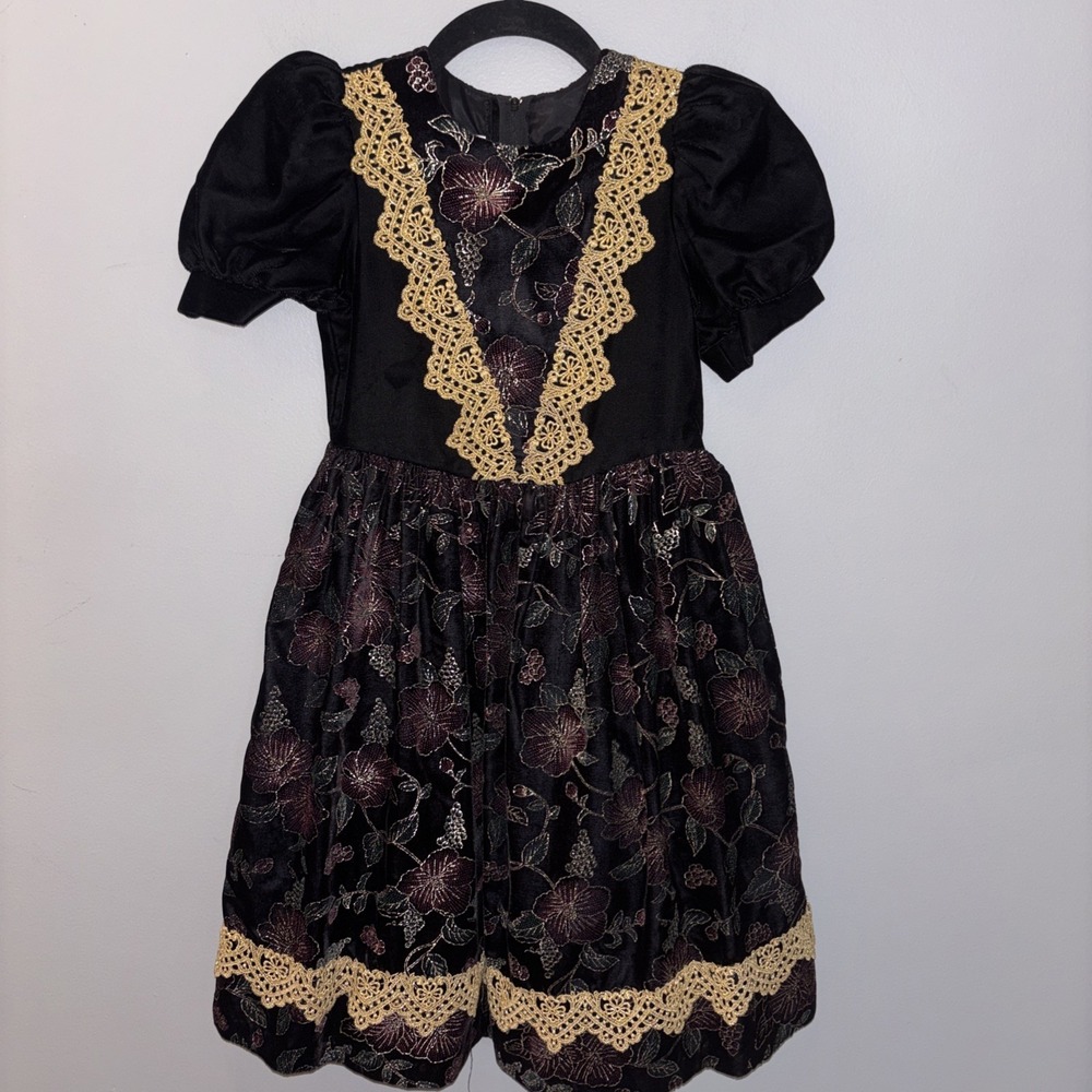 VTG 80's JESSICA MCCLINTOCK Dress Black Velvet Metallic Floral Tulle Girl's 6